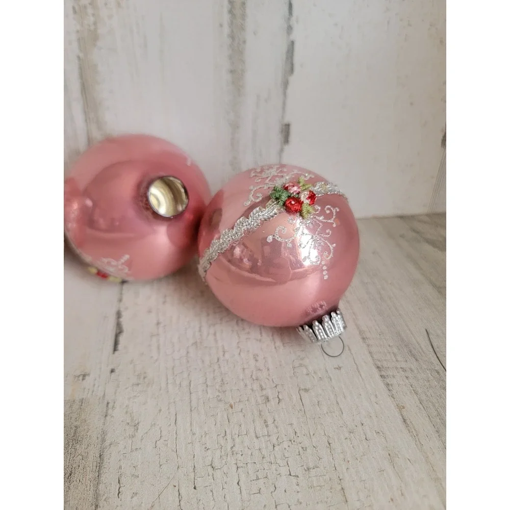 Vintage rose lace pink ball glass ornament Xmas set unique home